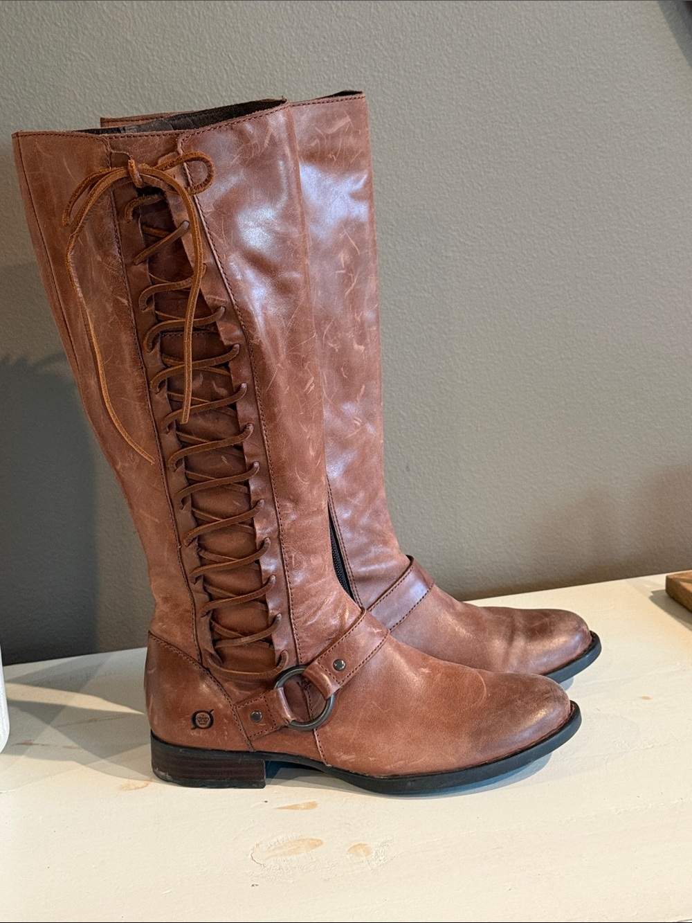 BORN Tall Lace-Up Brown Leather Riding Boots 7.5 Indie Ren Faire Festival Boho
